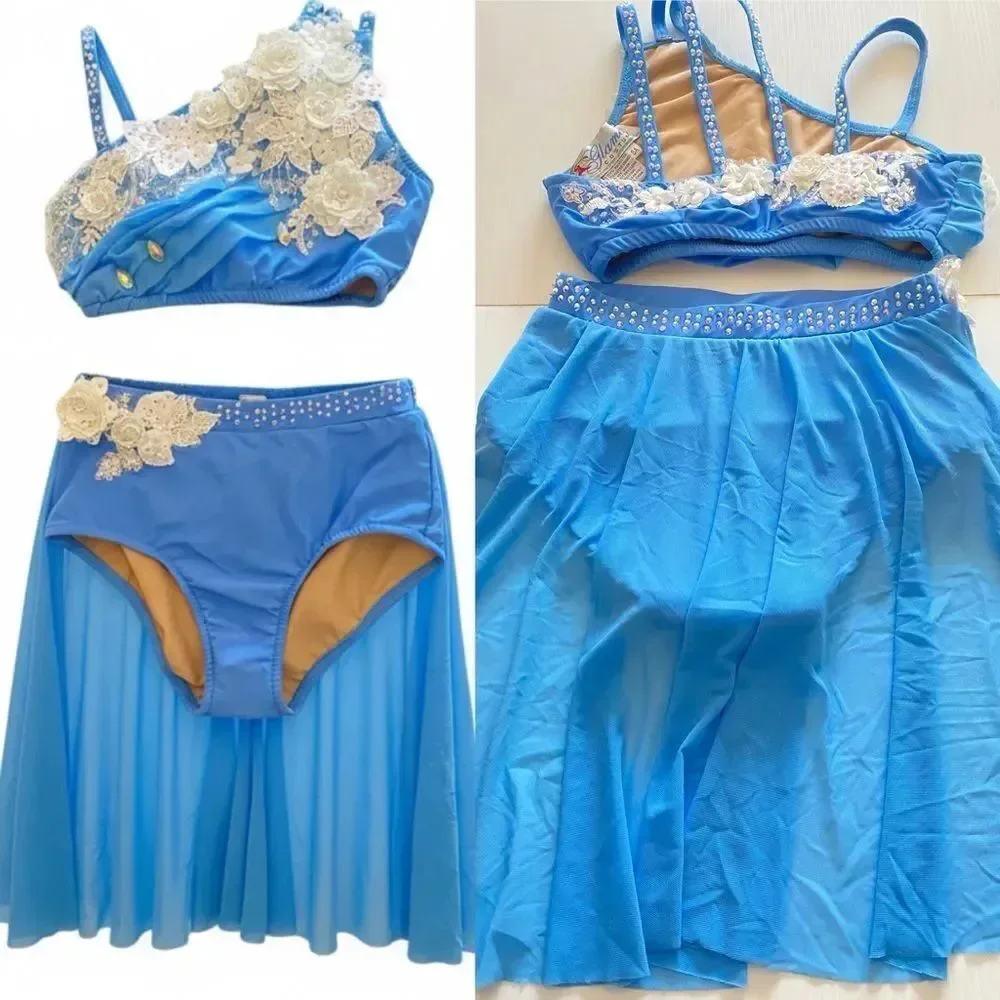 Glamour Lyrical Dance Costume Blue Mesh Skirt Floral Rhinestone SA-Small adult